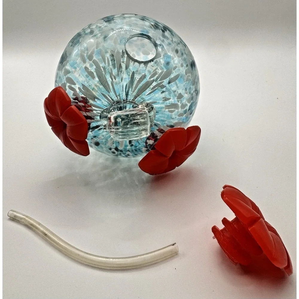 Hummingbird Feeder Hand Blown Glass Blue White Confetti Red Flower Ports Hanging